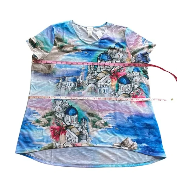 Chico’s Santorini High/Low V-neck Short Sleeve Watercolor Top - Size 3 (US 16) - Picture 6 of 9